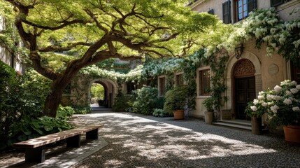 Serene Historic Courtyard Surrounded by Lush Classical Architecture