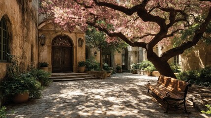 Historic Courtyard with Classical Architecture and Vibrant Tree