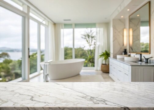 Illustration of marble countertop with blurred modern bathroom interior background