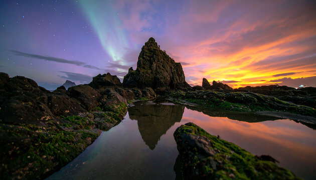 Rocky coastal cliff with green moss reflecting in calm water under vibrant aurora and colorful sunset sky, creating peaceful and magical natural landscape scene