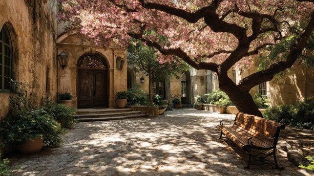 Historic Courtyard with Classical Architecture and Vibrant Tree