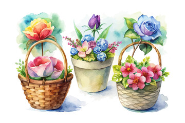 set of watercolor flower basket vector illustration isolated on white background