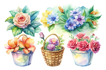 set of watercolor flower basket vector illustration isolated on white background