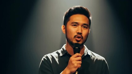 Male Performer Speaking Passionately into Microphone Under Dramatic Spotlight on Stage