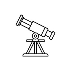Line art illustration of a vintage telescope on a tripod, simple design, educational, scientific.