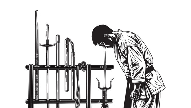 Martial Artist s Bow Respect Discipline and Ancient Weapons in Black and White Art silhouette