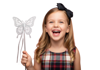 Happy little girl laughing with a magic wand, isolated on a transparent background