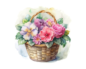 watercolor flower basket vector illustration isolated on white background