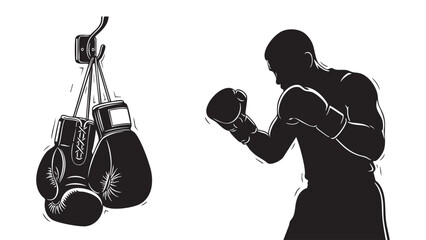 Boxing silhouette art fighter in stance gloves hanging Athlete shadow fitness fight vector art