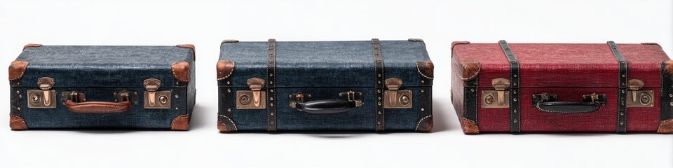 Three vintage-style suitcases, navy blue and burgundy