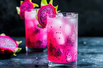 Two pink dragon fruit drinks with ice.