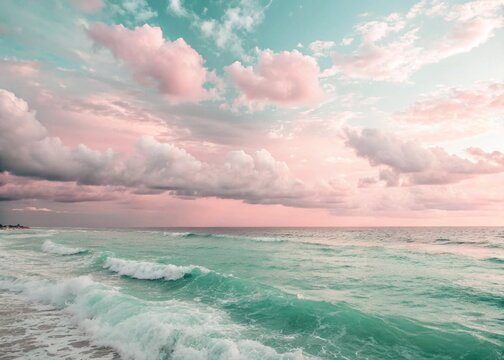 Illustration of beautiful seascape with pink clouds over the turquoise ocean water - Powered by Adobe