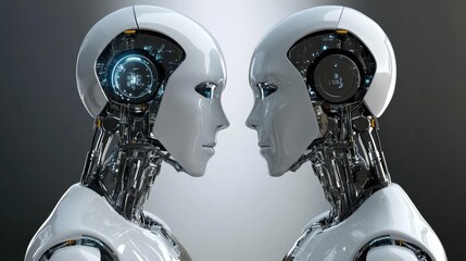 This captivating image features two futuristic robots facing each other, showcasing advanced technology and sleek design. The composition highlights a vision of artificial intelligence and connection