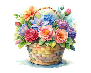 watercolor flower basket vector illustration isolated on white background
