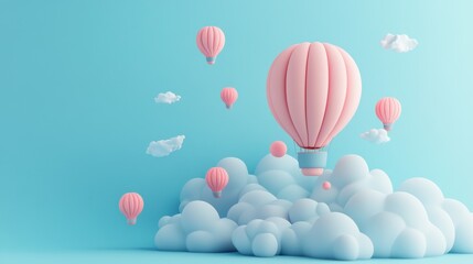 A whimsical scene featuring colorful hot air balloons soaring in a bright blue sky. Soft clouds enhance the feeling of adventure and freedom in this serene landscape.