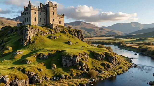 Majestic castle overlooks rolling green hills and winding river in stunning Scottish landscape