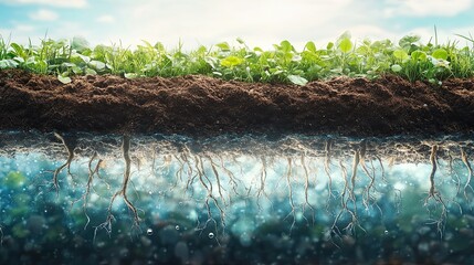 Soil Layers with Roots and Water Beneath Green Plants and Grass