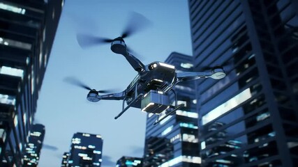 An autonomous quadcopter delivery drone carries a package through a futuristic city for efficient last-mile logistics. - Powered by Adobe