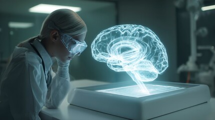 Medical Worker Studying Holographic Brain Model in Healthcare Setting