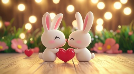 A pair of cute bunny characters kiss while holding a red heart, set against a soft, illuminated background. Perfect for themes of love and affection.