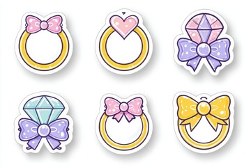 Vibrant cartoon jewelry items are arranged on a grid backdrop, highlighting rings and gems in a lively display