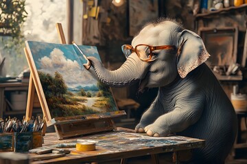 elephant with glasses painting a landscape on a canvas with a brush, artistic studio setting 
