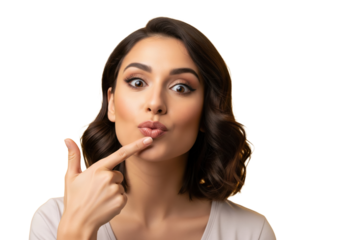 Playful, surprised young woman pointing at her puckered lips, isolated on a transparent background