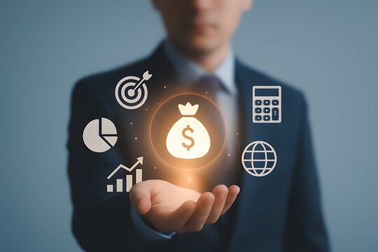 Businessman or trader showing icon of business and finance, Investment concept, invest money, business and finance, capital fundraising, dollar loan credit, trade, trader, invest in trading.
