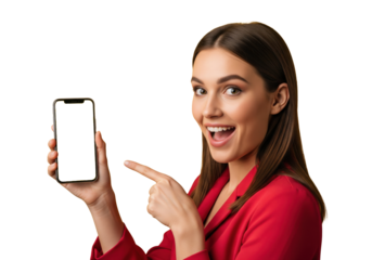  Happy woman pointing finger at smartphone with blank screen, isolated on a transparent background