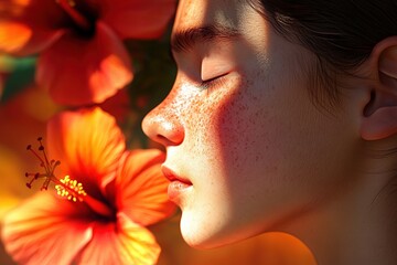 Close-up profile of a person with freckles, bathed in warm sunlight, near vibrant hibiscus flowers.