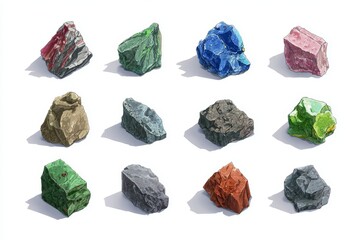 Naklejka premium Vibrant assortment of fantasy game tiles boasting distinctive stone and crystal patterns for level creation