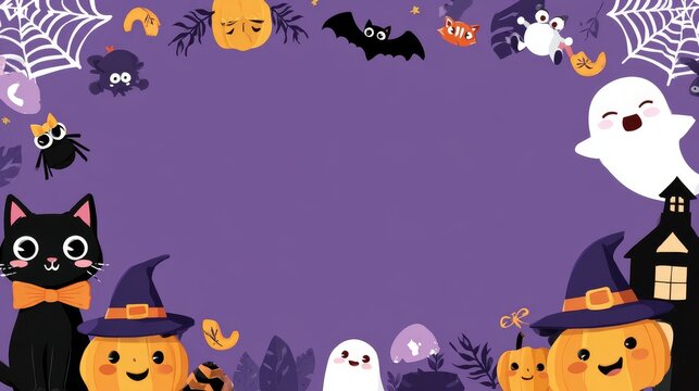 cute Halloween frame with cartoon elements, purple background, smiling pumpkins, black cat wearing witch hat and bow tie, flying bats, ghost, spider hanging from web, haunted house silhouette, cheerfu