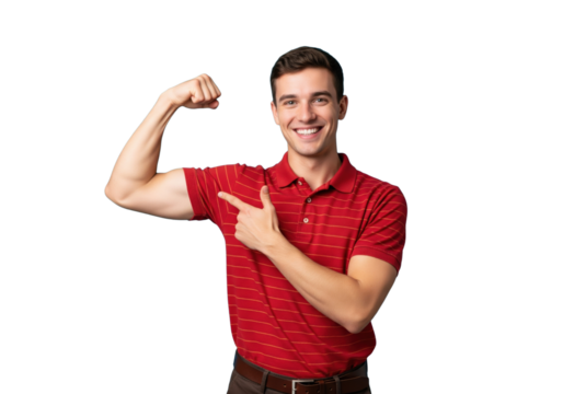 Smiling handsome man pointing at his muscular arm, isolated on a transparent background