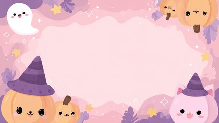 cute Halloween invitation frame, pastel pink and purple color palette, kawaii pumpkins with happy faces, cat in a tiny purple witch hat, smiling ghost, stars and sparkles