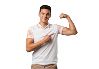 Smiling handsome man pointing at his muscular arm, isolated on a transparent background