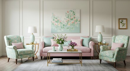 Soft pastel living room with pink sofa, mint details, and gold accents, balanced centered view