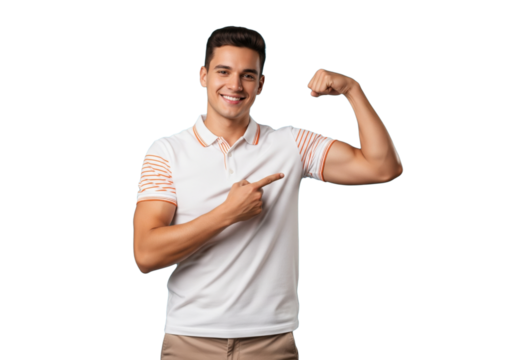 Smiling handsome man pointing at his muscular arm, isolated on a transparent background