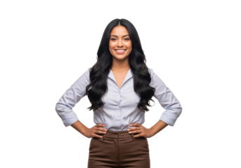 Happy confident businesswoman with hands on hips, smiling, isolated on a transparent background