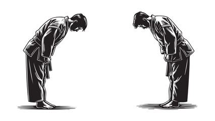 Two martial artist silhouettes bow in traditional greeting honoring each other in illustration