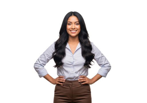 Happy confident businesswoman with hands on hips, smiling, isolated on a transparent background