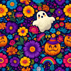 Obraz premium Retro 70s 60s Hippie Groovy Halloween Ghost Flower Rainbow vector seamless pattern. Flower power peace sign shades witch hat spook background. Trippy dancing ghost surface design.
