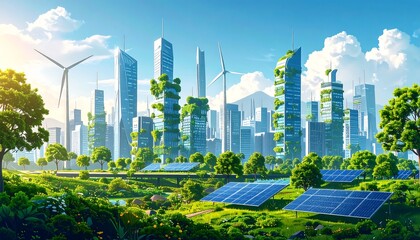 Eco-friendly futuristic city with renewable energy