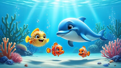 Cartoon Underwater Scene with Dolphin Pufferfish and Clownfish Having Fun