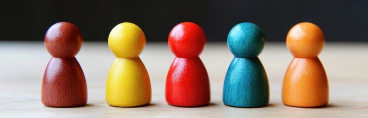Vibrant collection of colorful wooden figures displayed on a table, symbolizing creativity and playful interaction in a minimalist environment. Emphasizes diversity and teamwork.