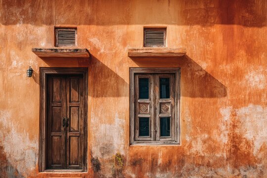 Rustic wooden door and window in front of an orange textured wall, for design blogs