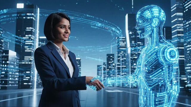 Ai handshake future technology innovation business automation digital transformation city 4k video - Powered by Adobe