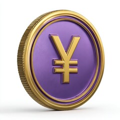 Obraz premium Gold coin with purple yen symbol isolated on white background