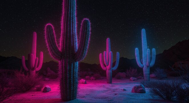 Electric Desert Night: Saguaro Cacti Bathed in Pink and Blue Neon Glow