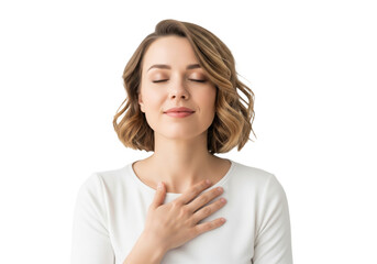 Peaceful beautiful young woman with closed eyes, hand on chest, isolated on a transparent background