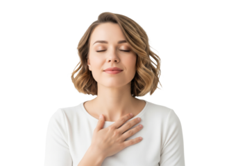 Peaceful beautiful young woman with closed eyes, hand on chest, isolated on a transparent background